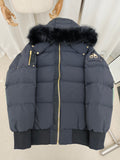 Moose Knuckles Down Bomber Jacket — Black Fur Hood & Gold Zip