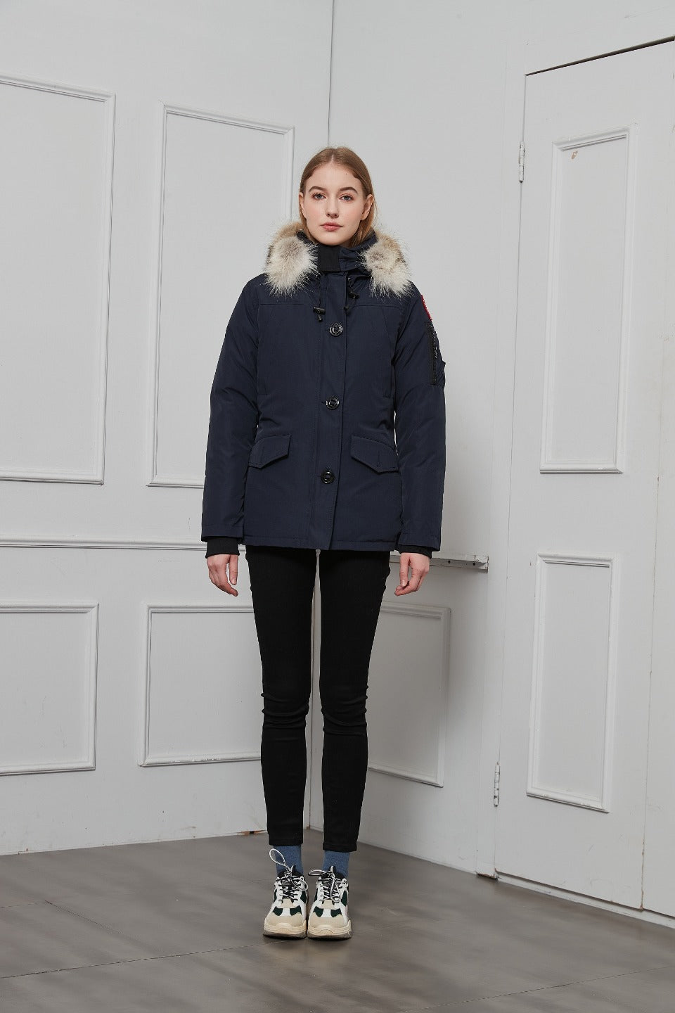 Canada Goose Women's Montebello Parka — Fur Hood — Navy, Red & Black