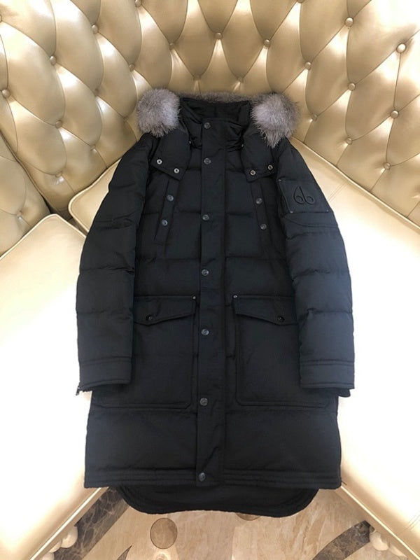 Moose Knuckles Women's Long Military Down Parka — Grey Fur Hood — Black & Grey