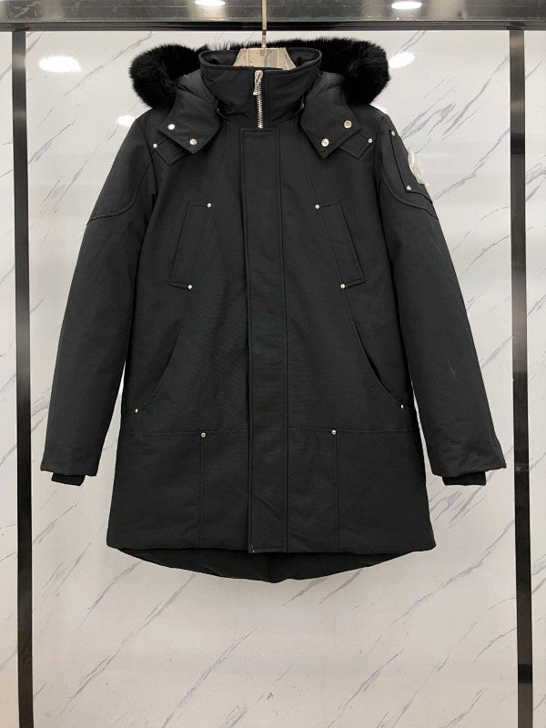 Moose Knuckles Men's Long Down Parka — Black Fur Hood — Black