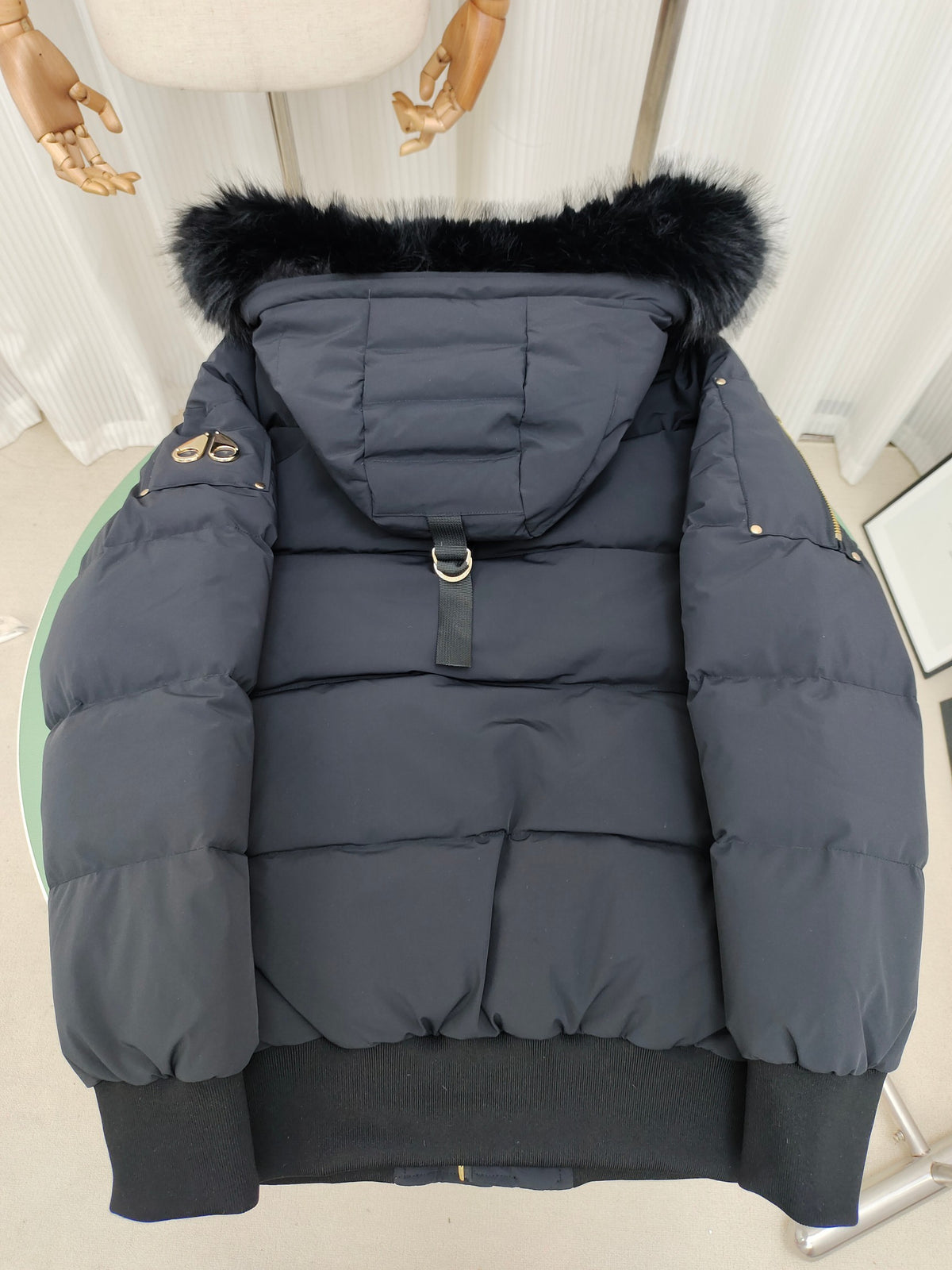 Moose Knuckles Down Bomber Jacket — Black Fur Hood & Gold Zip