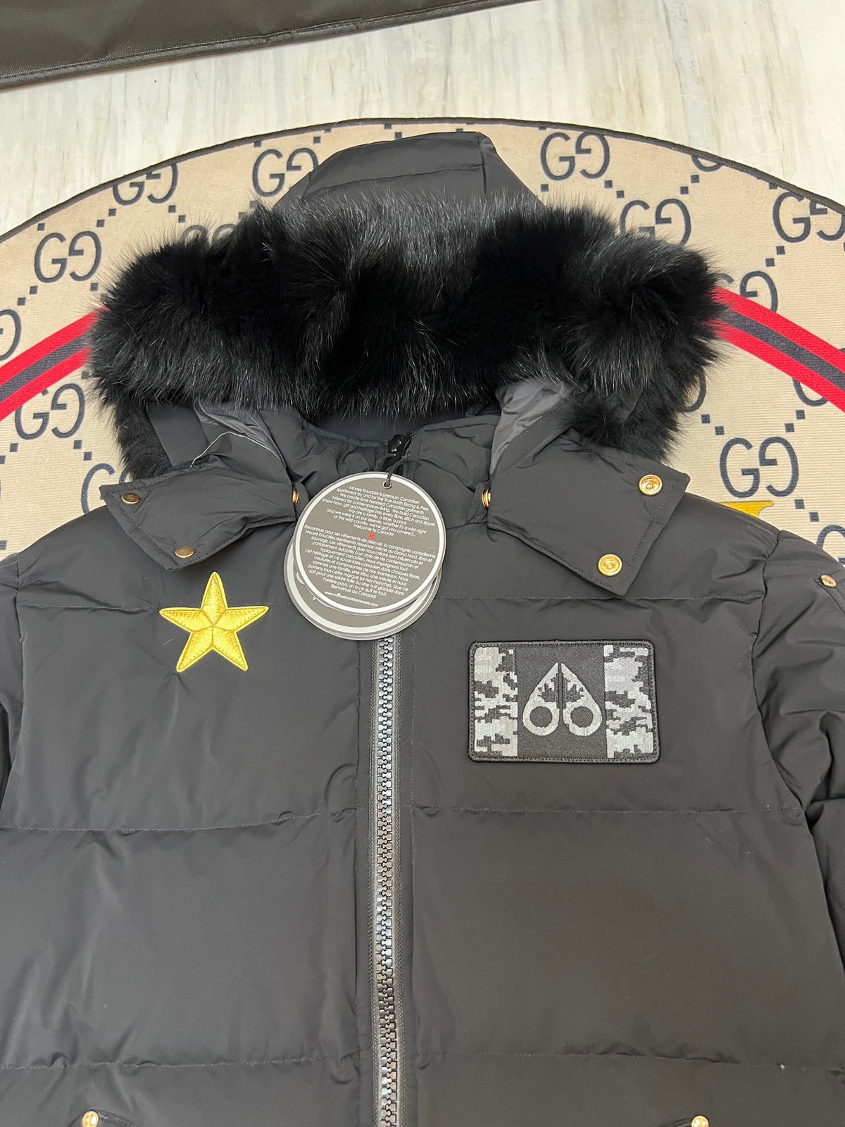 Moose Knuckles Multi-Badge Down Bomber — Black Fur Hood — Black