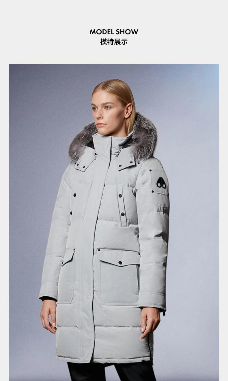 Moose Knuckles Women's Long Military Down Parka — Grey Fur Hood — Black & Grey