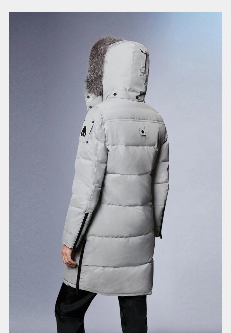 Moose Knuckles Women's Long Military Down Parka — Grey Fur Hood — Black & Grey