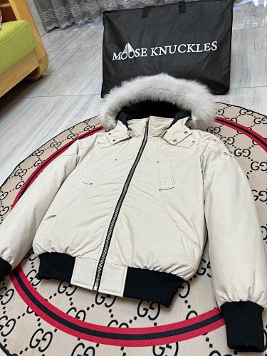 Moose Knuckles Men's Bomber Down Jacket — Real Fur Hood — Cream