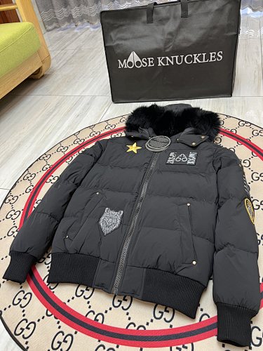 Moose Knuckles Multi-Badge Down Bomber — Black Fur Hood — Black