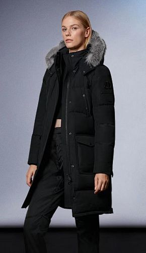 Moose Knuckles Women's Long Military Down Parka — Grey Fur Hood — Black & Grey
