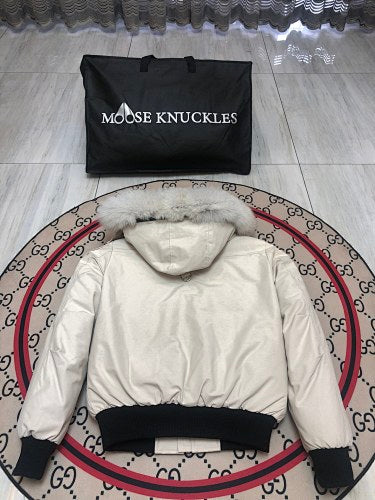 Moose Knuckles Men's Bomber Down Jacket — Real Fur Hood — Cream