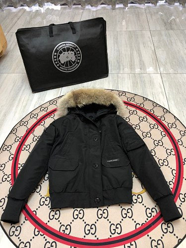 Canada Goose Women's Savona Bomber Down Jacket — Fur Hood — Black & White