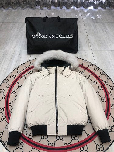 Moose Knuckles Men's Bomber Down Jacket — Real Fur Hood — Cream