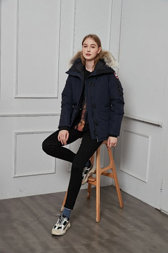 Canada Goose Women's Montebello Parka — Fur Hood — Navy, Red & Black