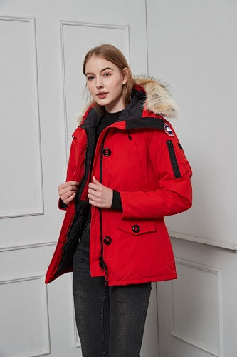 Canada Goose Women's Montebello Parka — Fur Hood — Navy, Red & Black