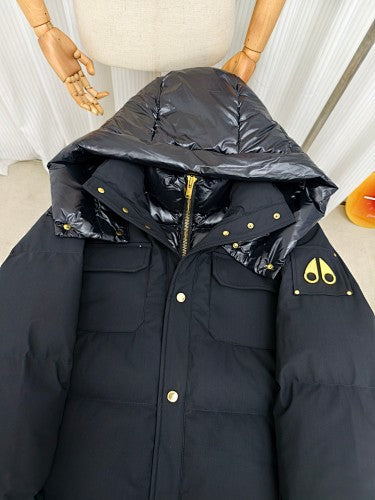 Moose Knuckles Two-Tone Down Jacket — Wool Body & Gloss Hood — Black