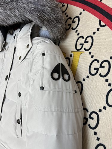 Moose Knuckles Women's Military Down Jacket — Grey Fur Hood — White