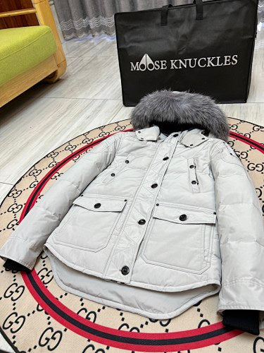 Moose Knuckles Women's Military Down Jacket — Grey Fur Hood — White