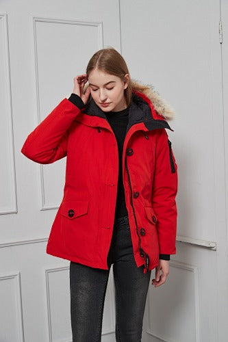 Canada Goose Women's Montebello Parka — Fur Hood — Navy, Red & Black