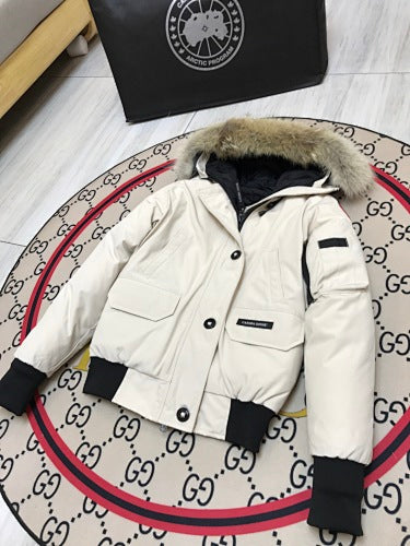 Canada Goose Women's Savona Bomber Down Jacket — Fur Hood — Black & White