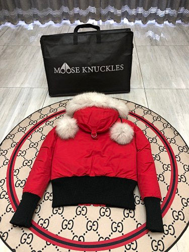 Moose Knuckles Women's Short Bomber Down Jacket — Fur Hood & Pompoms — Red