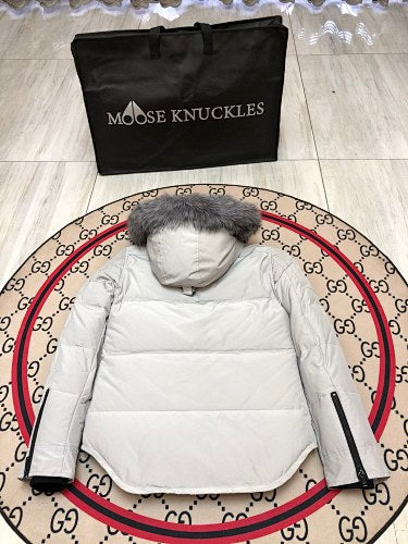 Moose Knuckles Women's Military Down Jacket — Grey Fur Hood — White