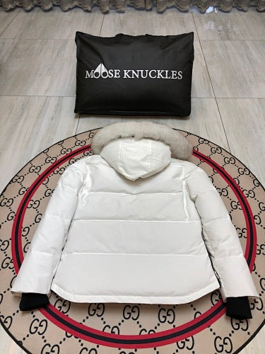 Moose Knuckles Men's Military Down Jacket — White Fur Hood — White & Red