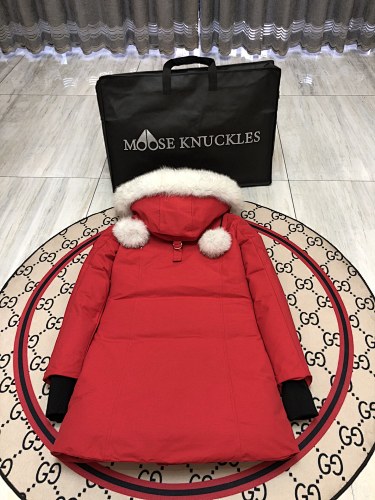 Moose Knuckles Women's Long Down Parka — White Fur Hood & Pompoms — Red