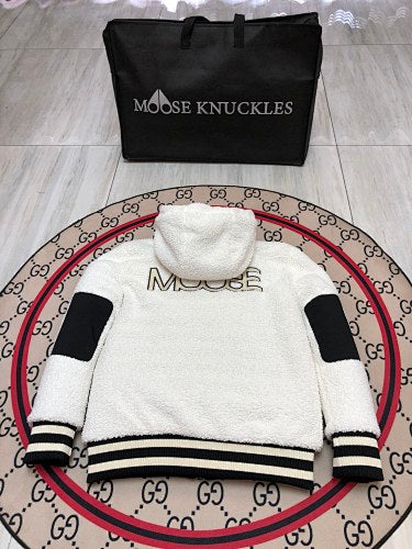 Moose Knuckles Sherpa Hoodie Jacket — MOOSE Back Text — White