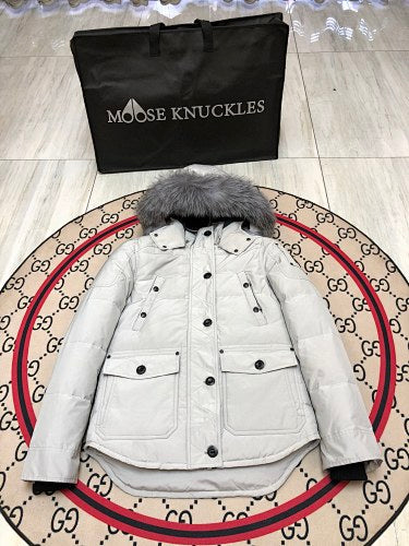 Moose Knuckles Women's Military Down Jacket — Grey Fur Hood — White