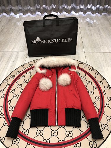 Moose Knuckles Women's Short Bomber Down Jacket — Fur Hood & Pompoms — Red
