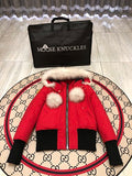 Moose Knuckles Women's Short Bomber Down Jacket — Fur Hood & Pompoms — Red