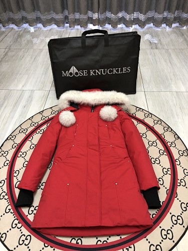 Moose Knuckles Women's Long Down Parka — White Fur Hood & Pompoms — Red
