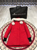Moose Knuckles Women's Long Down Parka — White Fur Hood & Pompoms — Red