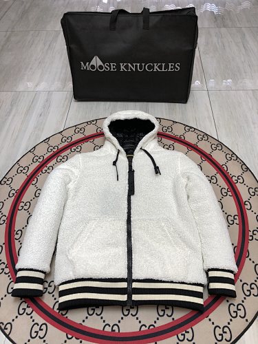 Moose Knuckles Sherpa Hoodie Jacket — MOOSE Back Text — White