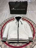 Moose Knuckles Sherpa Hoodie Jacket — MOOSE Back Text — White