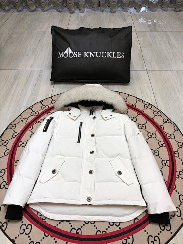 Moose Knuckles Men's Military Down Jacket — White Fur Hood — White & Red