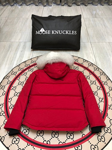 Moose Knuckles Men's Military Down Jacket — White Fur Hood — White & Red