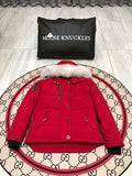 Moose Knuckles Men's Military Down Jacket — White Fur Hood — White & Red