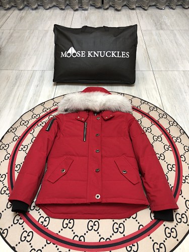 Moose Knuckles Men's Military Down Jacket — White Fur Hood — White & Red