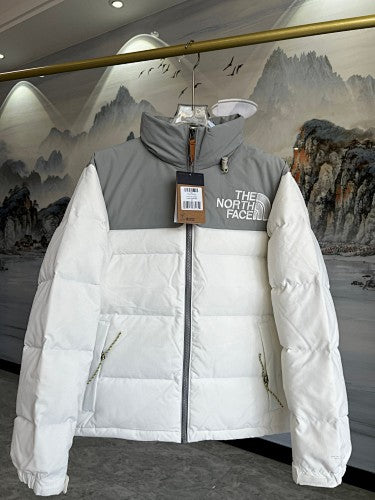 The North Face Nuptse Down Jacket — Oversized Wordmark — Black & White/Grey