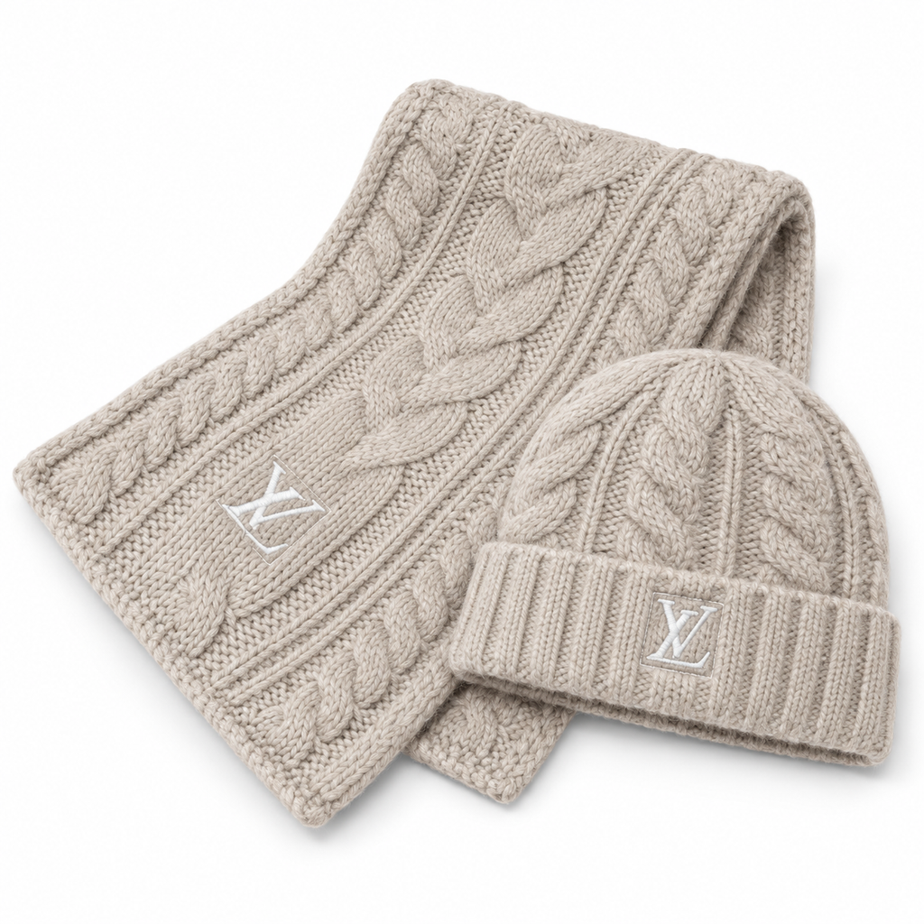Louis Vuitton Style Cable-Knit Scarf and Beanie Set
