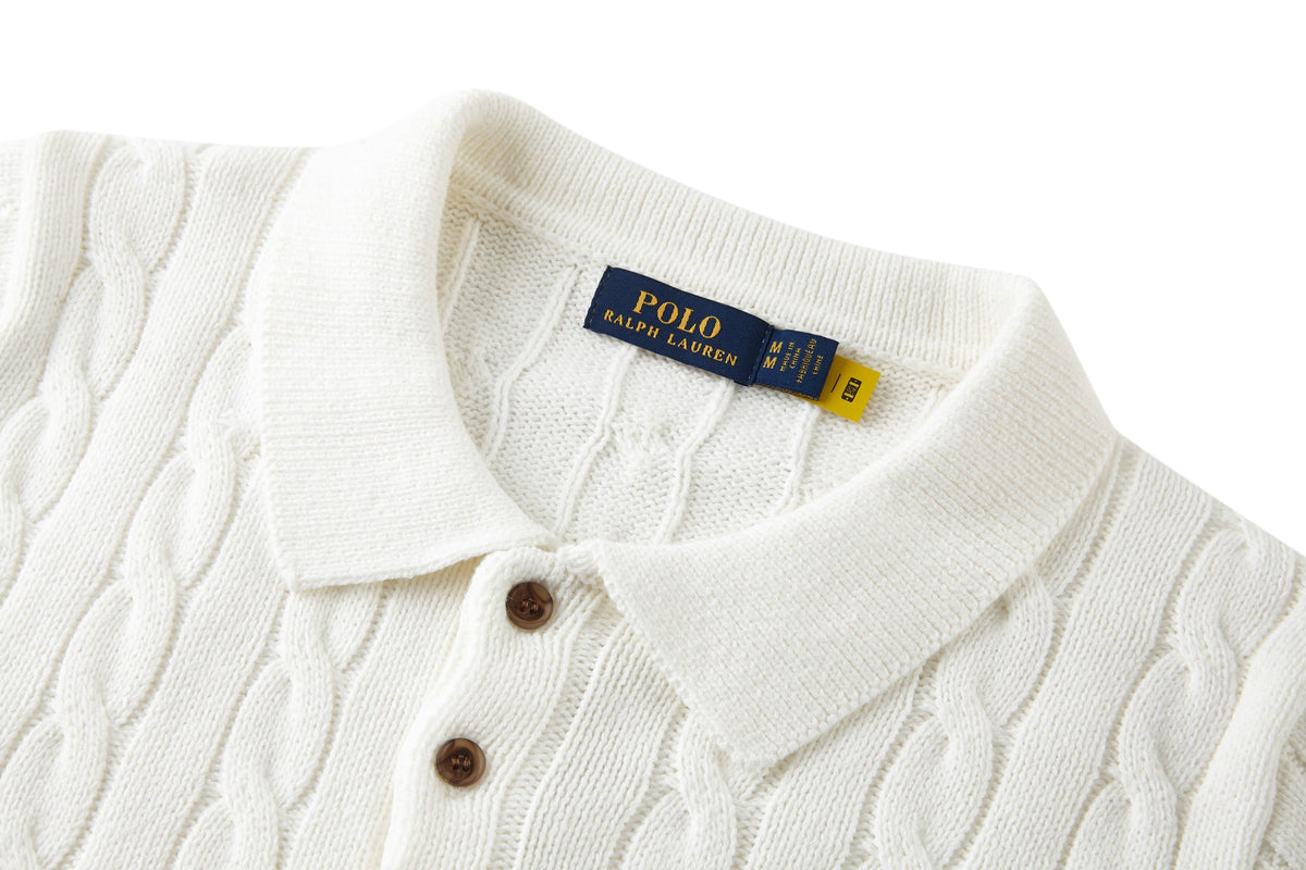 Polo Ralph Lauren Men’s Cable‑Knit Short‑Sleeve Polo Shirt With Navy Pony Embroidery