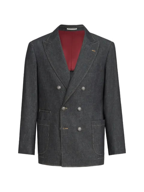 Brunello Cucinelli no-fade lightweight denim one-and-a-half breasted deconstructed blazer with patch-pockets and metal buttons
