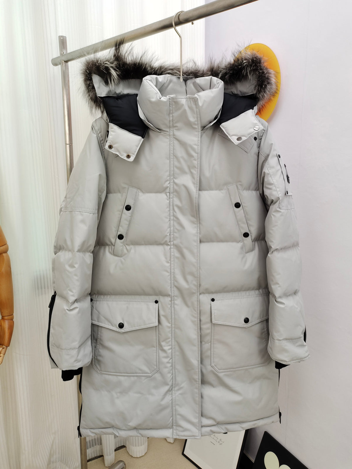 Moose Knuckles Women's Long Down Parka with Fur-Trimmed Hood — Black & White