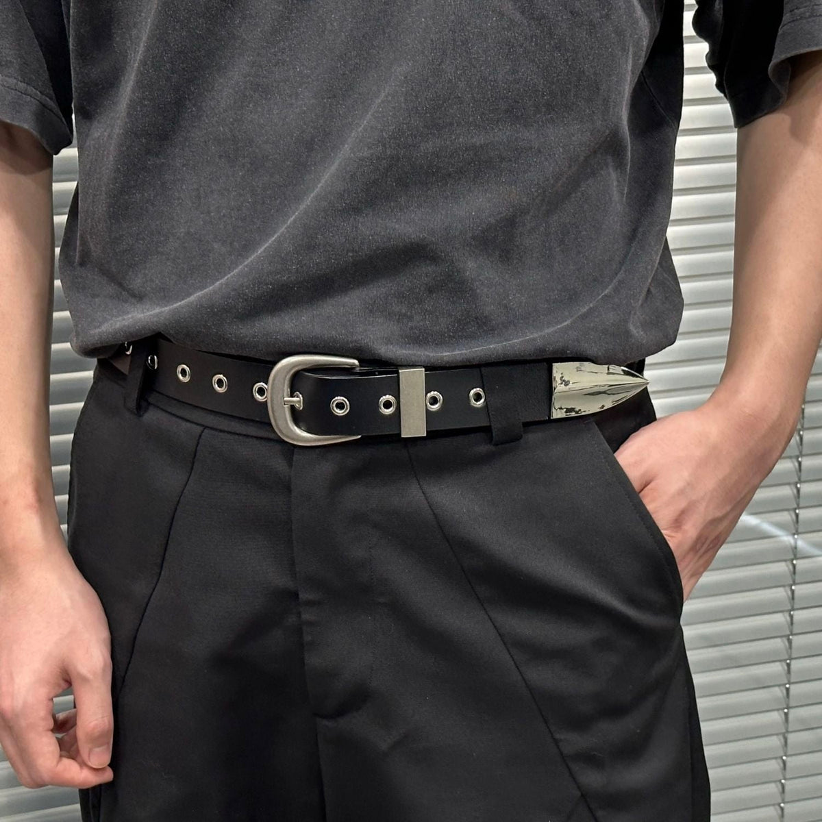 Dagger Tip Leather Belt Silver Metal Tip Full Grain Cowhide Unisex