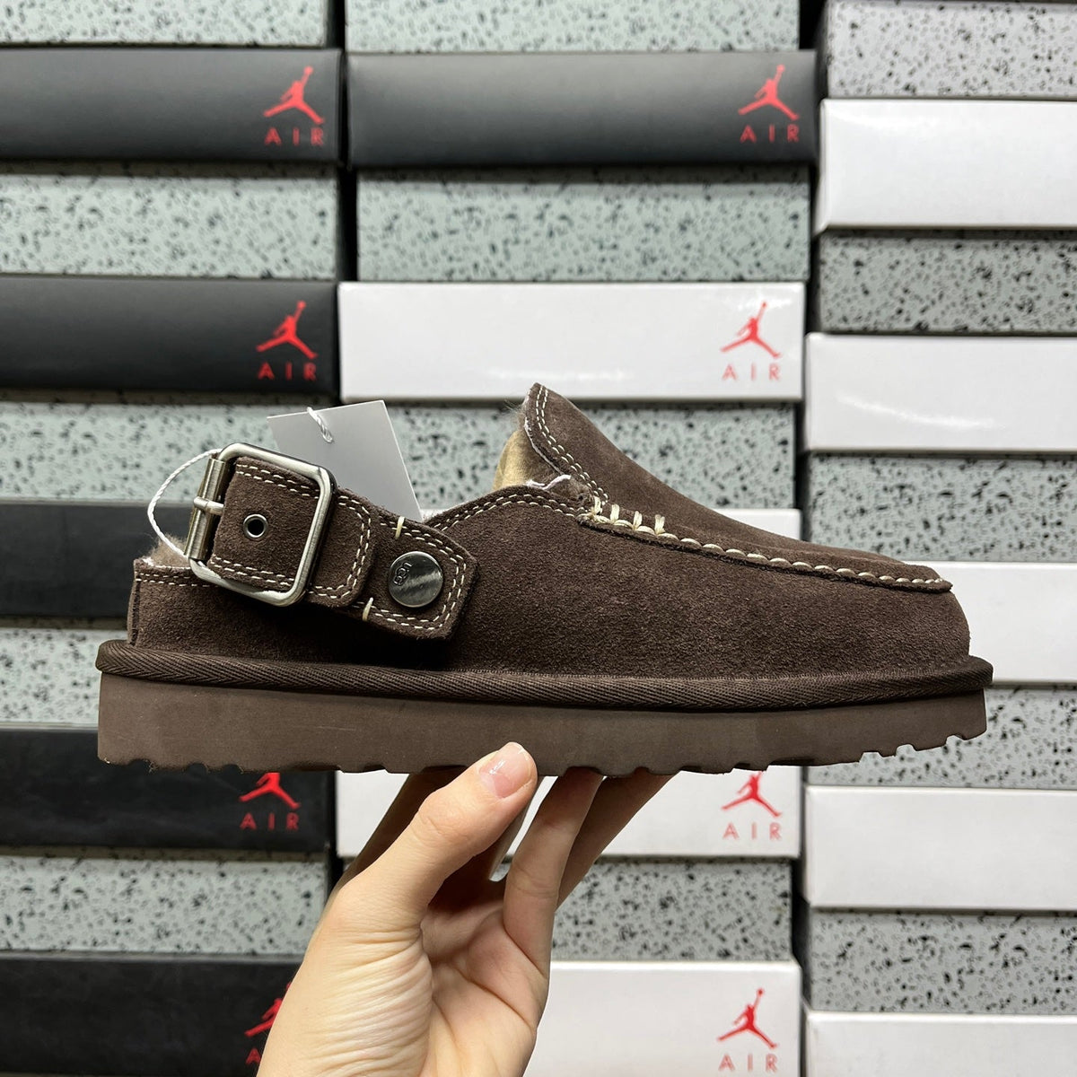 UGG Shearling Mule – Suede Clog with Plush Shearling Lining, Statement Silver Buckle Strap & Tonal Lug Sole in Chocolate