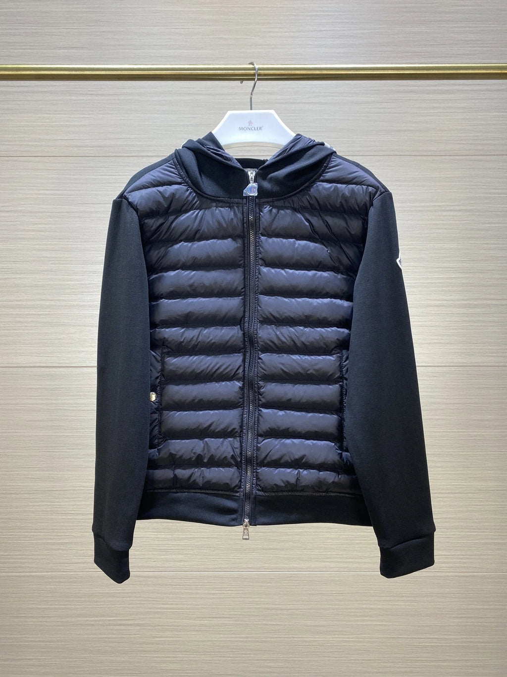 Moncler Hybrid Cardigan Down Jacket — Quilted Front & Knit Sleeves