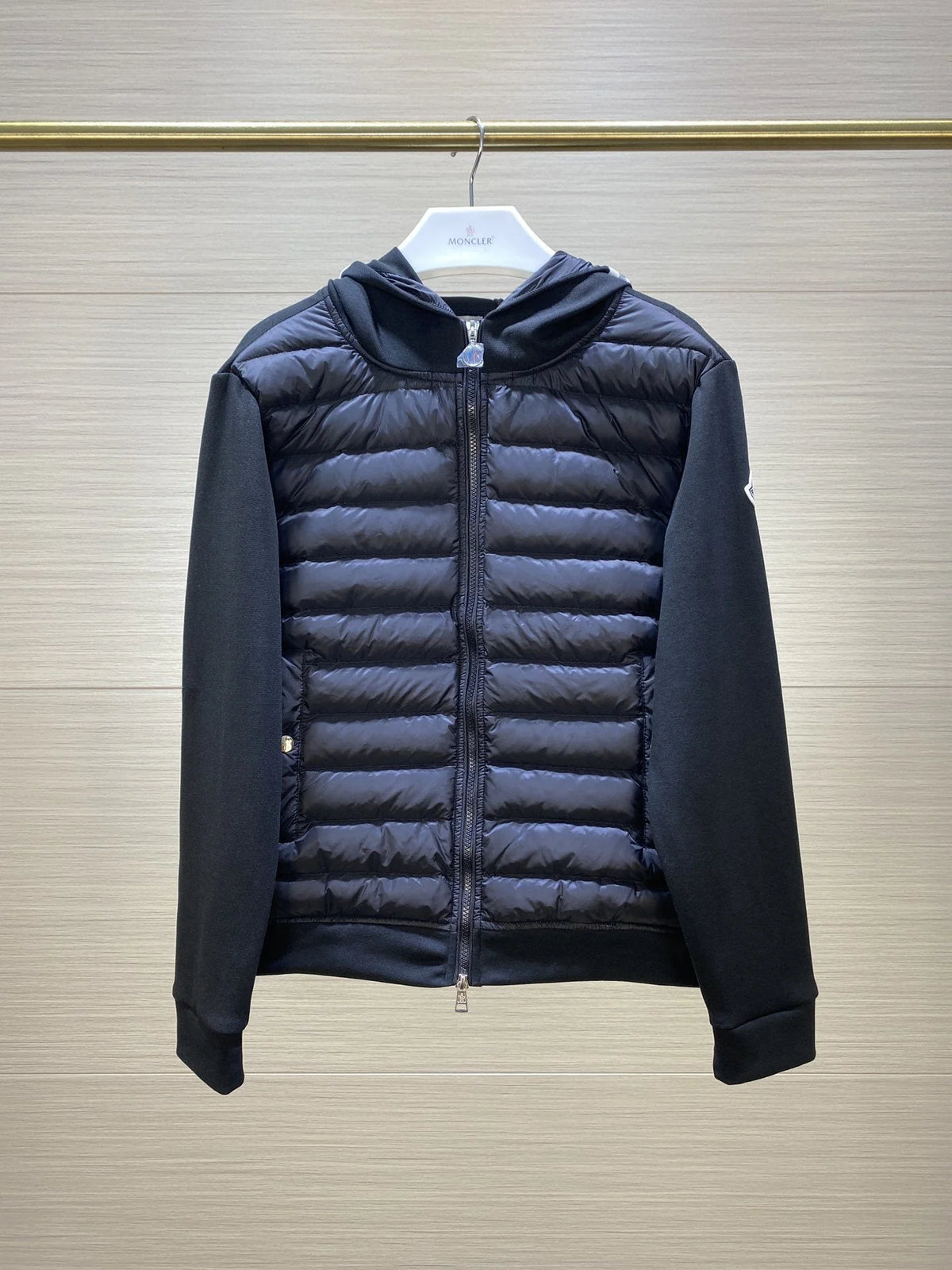 Moncler Hybrid Cardigan Down Jacket — Quilted Front & Knit Sleeves