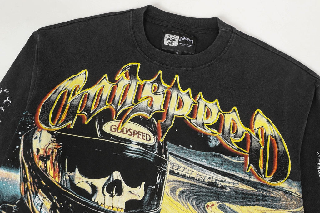 Godspeed Washed Black Racing Skull Long-Sleeve T-Shirt
