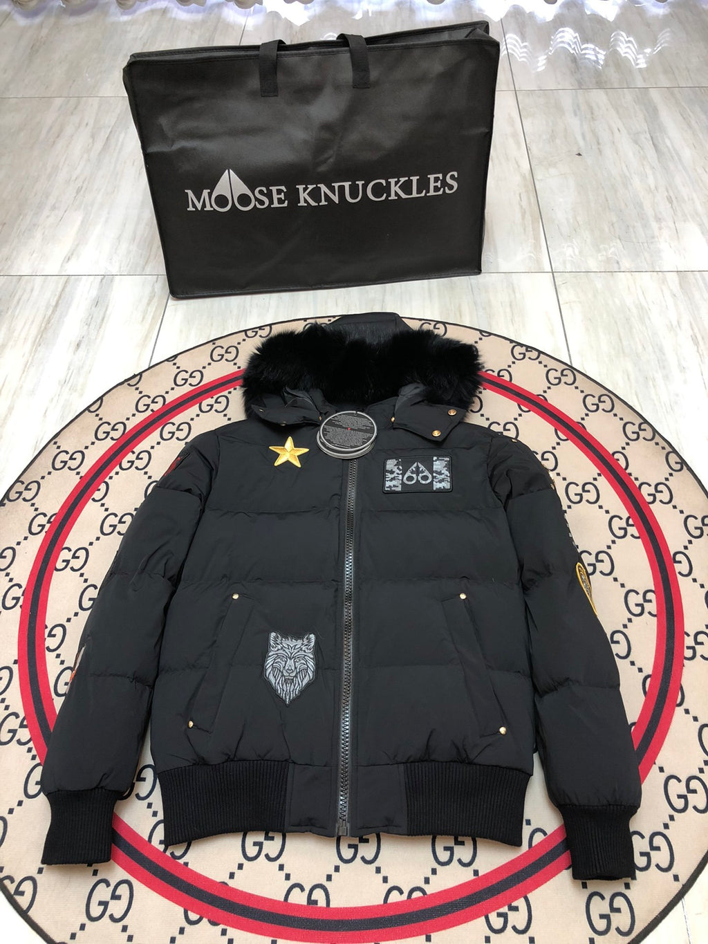 Moose Knuckles Multi-Badge Down Bomber — Black Fur Hood — Black