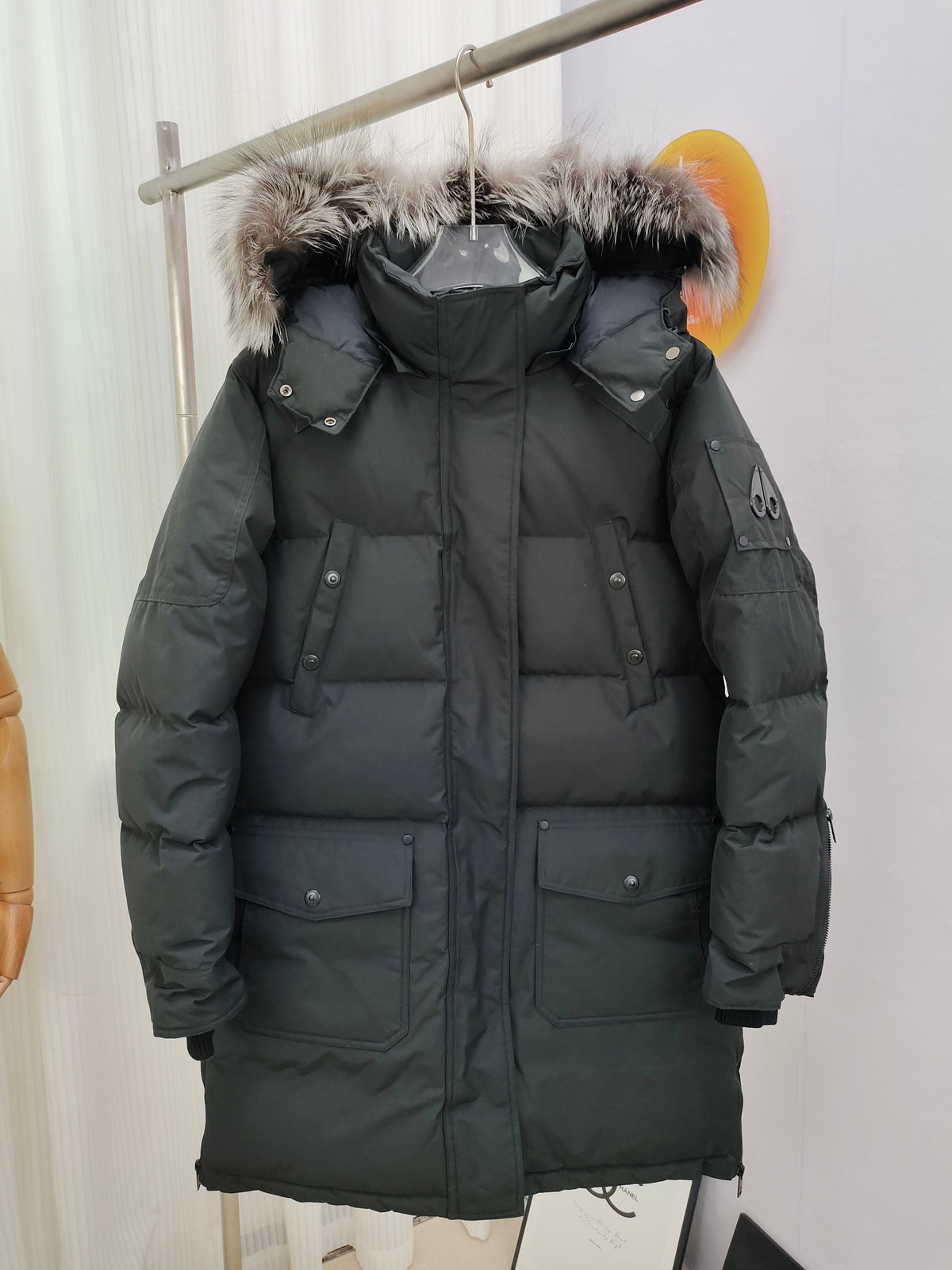 Moose Knuckles Women's Long Down Parka with Fur-Trimmed Hood — Black & White