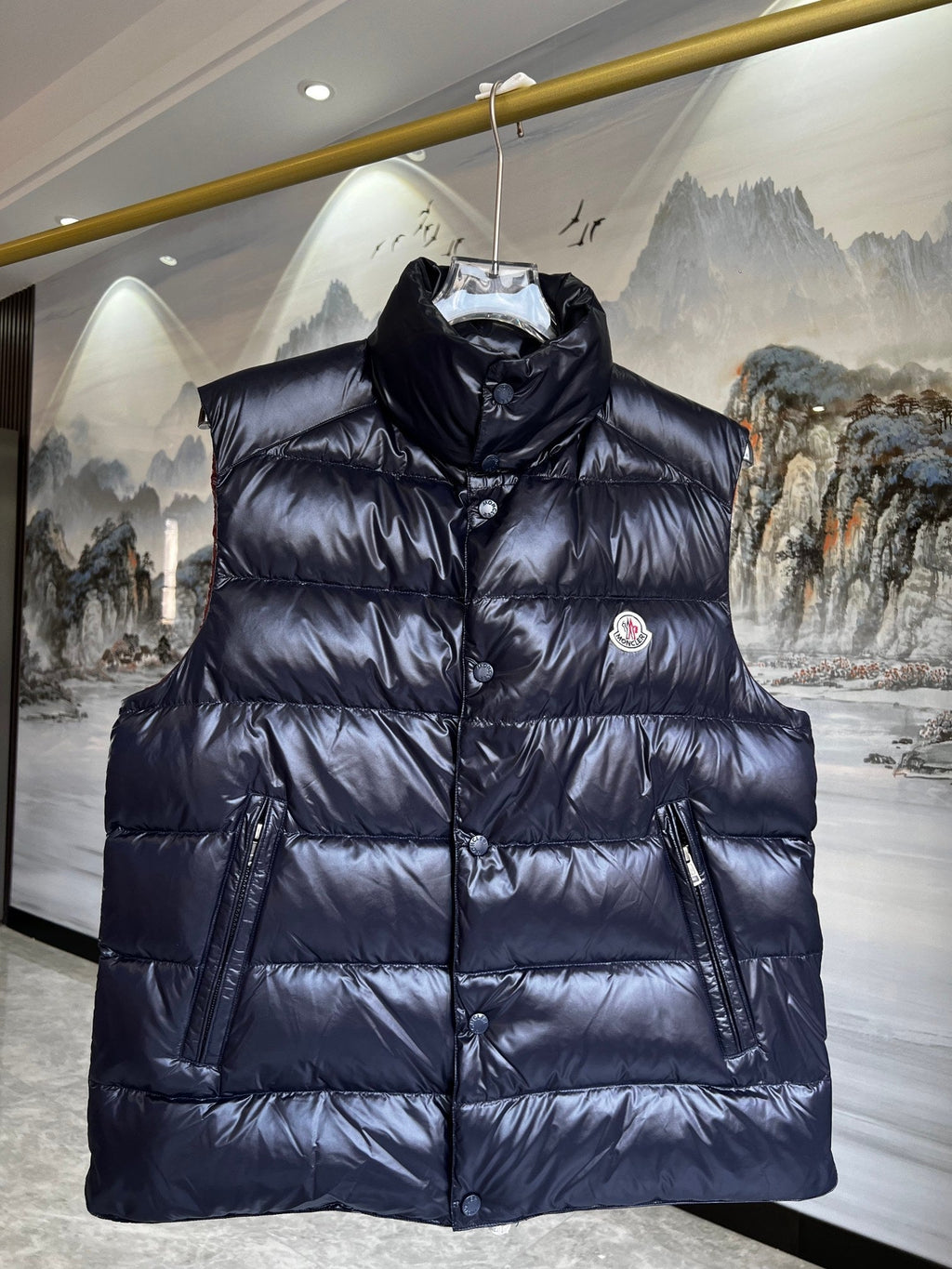 Moncler Puffer Vest in Navy Blue with Glossy Finish